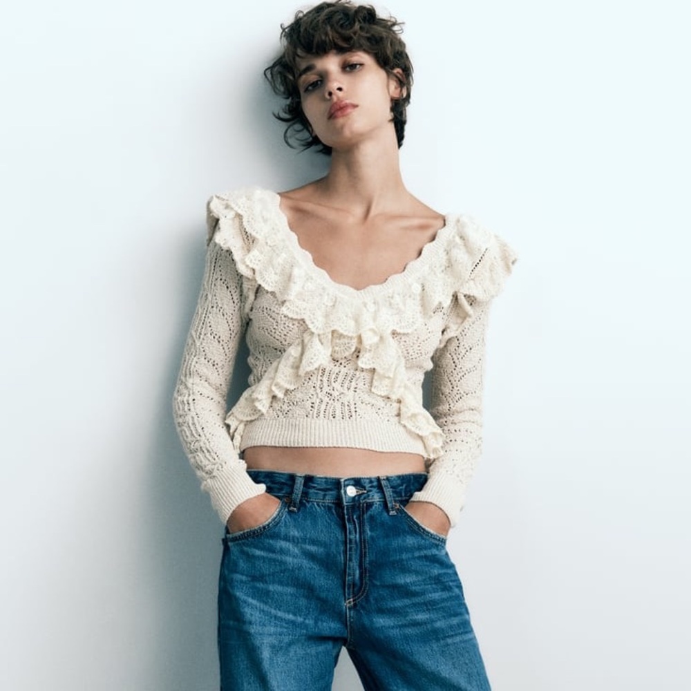 ZARA Ruffled Knit Sweater in Ecru